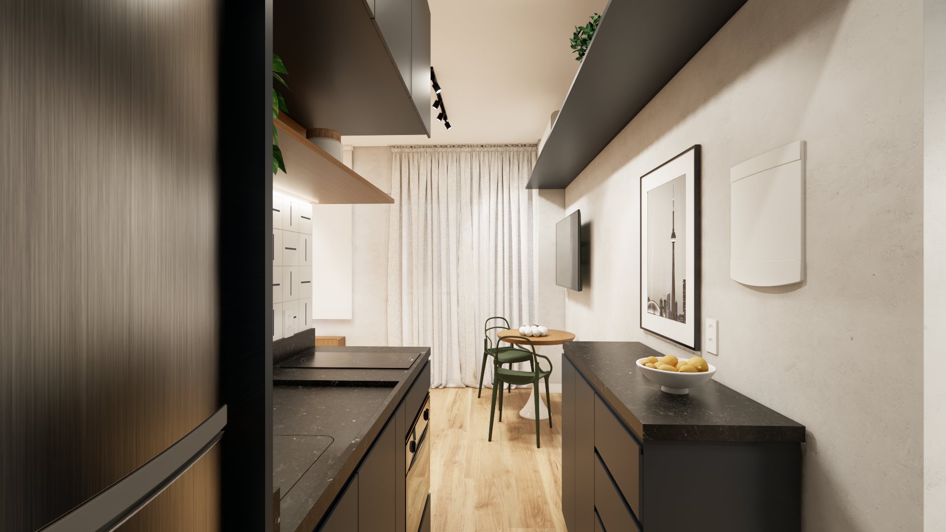 Cozinha de studio reformado pela Bewild na Vila Madalena, com bancada de granito escuro combinada à marcenaria preta sob medida