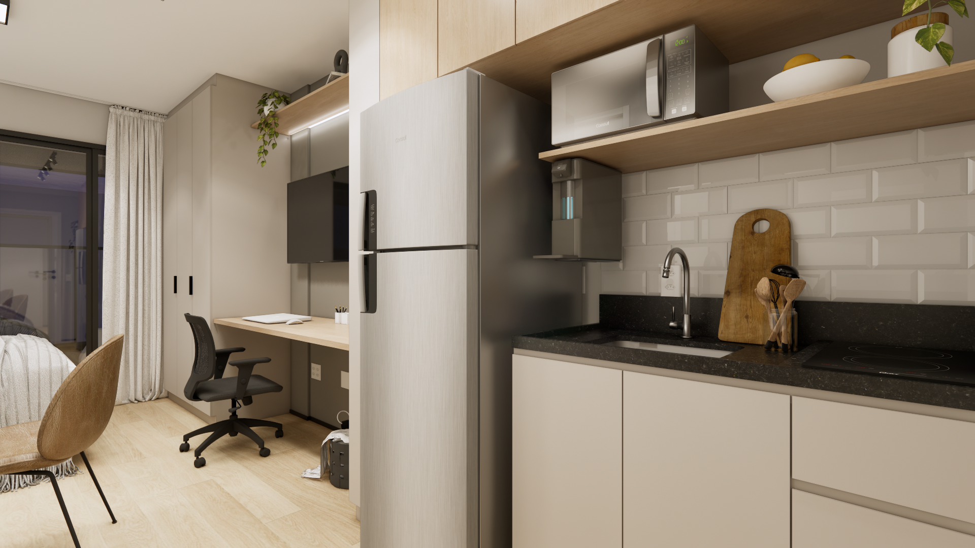 Studio de 28 m² no YBY Urban Home, Vila Clementino, projeto Bewild na faixa de R$ 65 a 70 mil (imagem do projeto executivo)