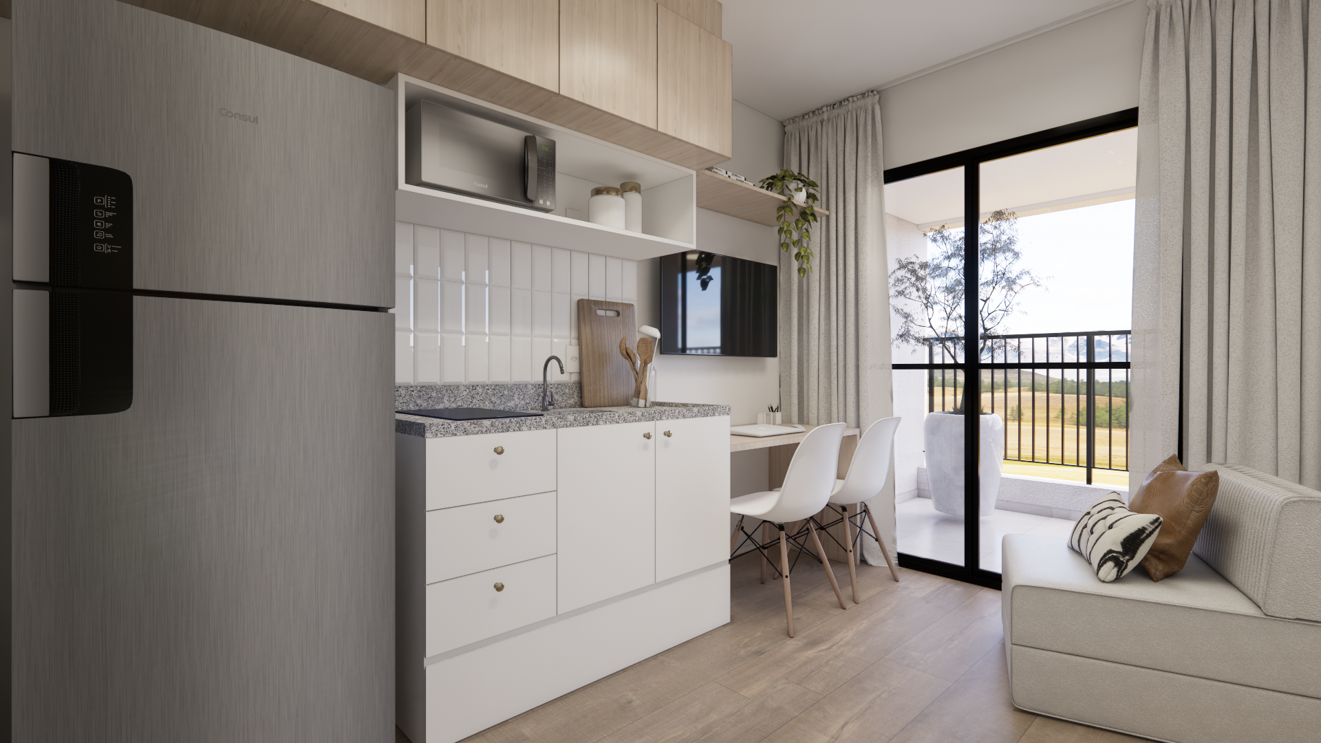 Apartamento de 31,43 m² reformado pela Bewild no Nex One Paraíso, Vila Mariana: sala com sofá, mesa e cozinha em marcenaria