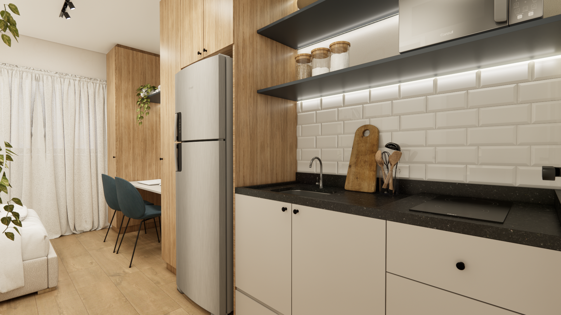 Imagem 3D do projeto de reforma de um studio de 21,81 m² no ID Home & Lifestyle Paraíso, em São Paulo, com cozinha linear e estar reduzido.