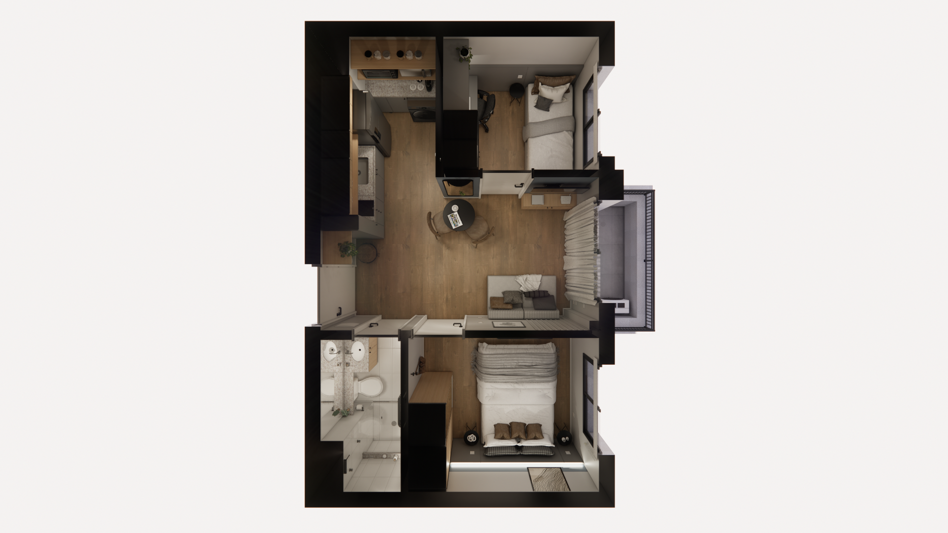 Imagem 3D do projeto de reforma de um studio de 21,3 m² no Vila Olímpia Passarelli, em São Paulo, com marcenaria integrada e iluminação embutida.