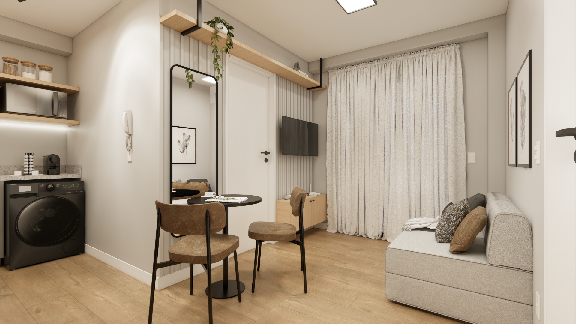 Studio de 28 m² no Vila Olímpia Passarelli reformado pela Bewild; grupo Passarelli com mediana de R$ 92,1 mil e índice 117