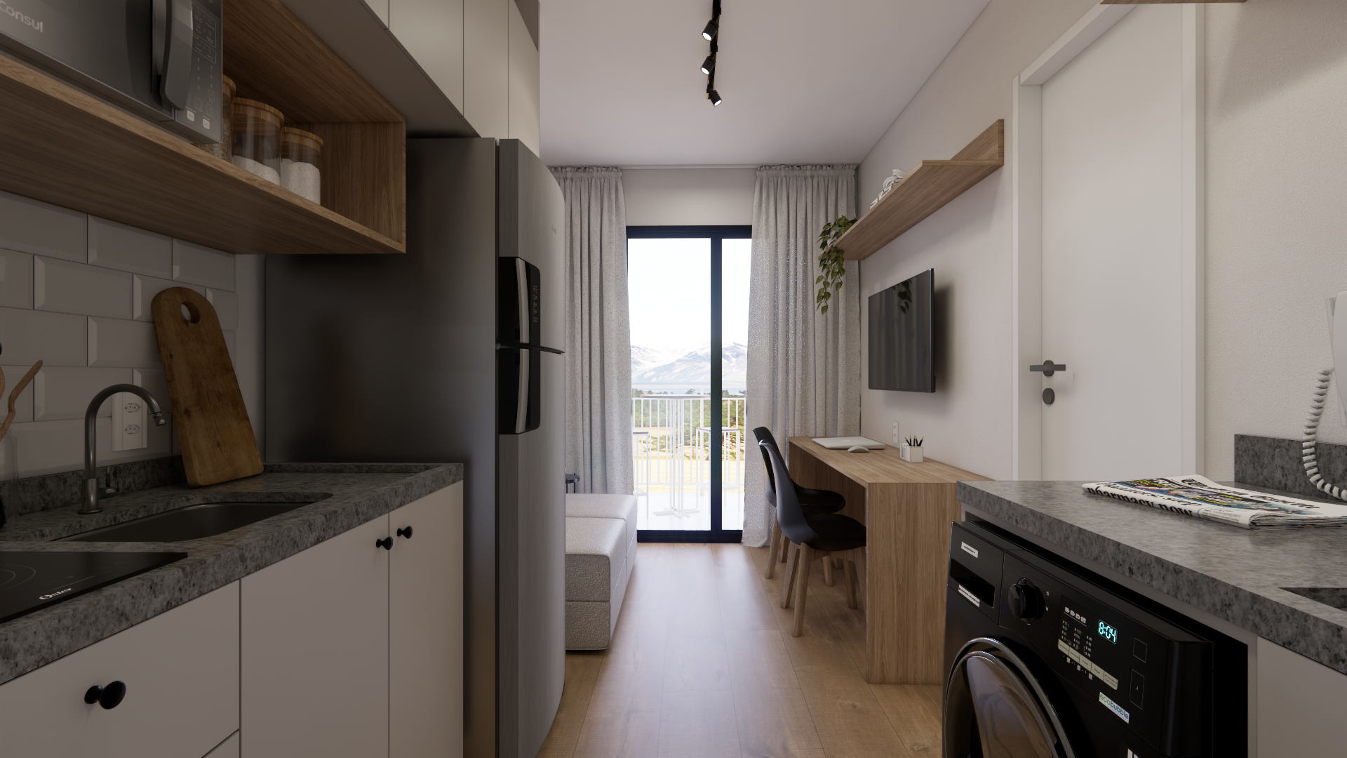 Imagem 3D do projeto de reforma de apartamento de 32 m² no Essencial Faria Lima, Pinheiros, São Paulo: ambiente único com cozinha linear e cama.