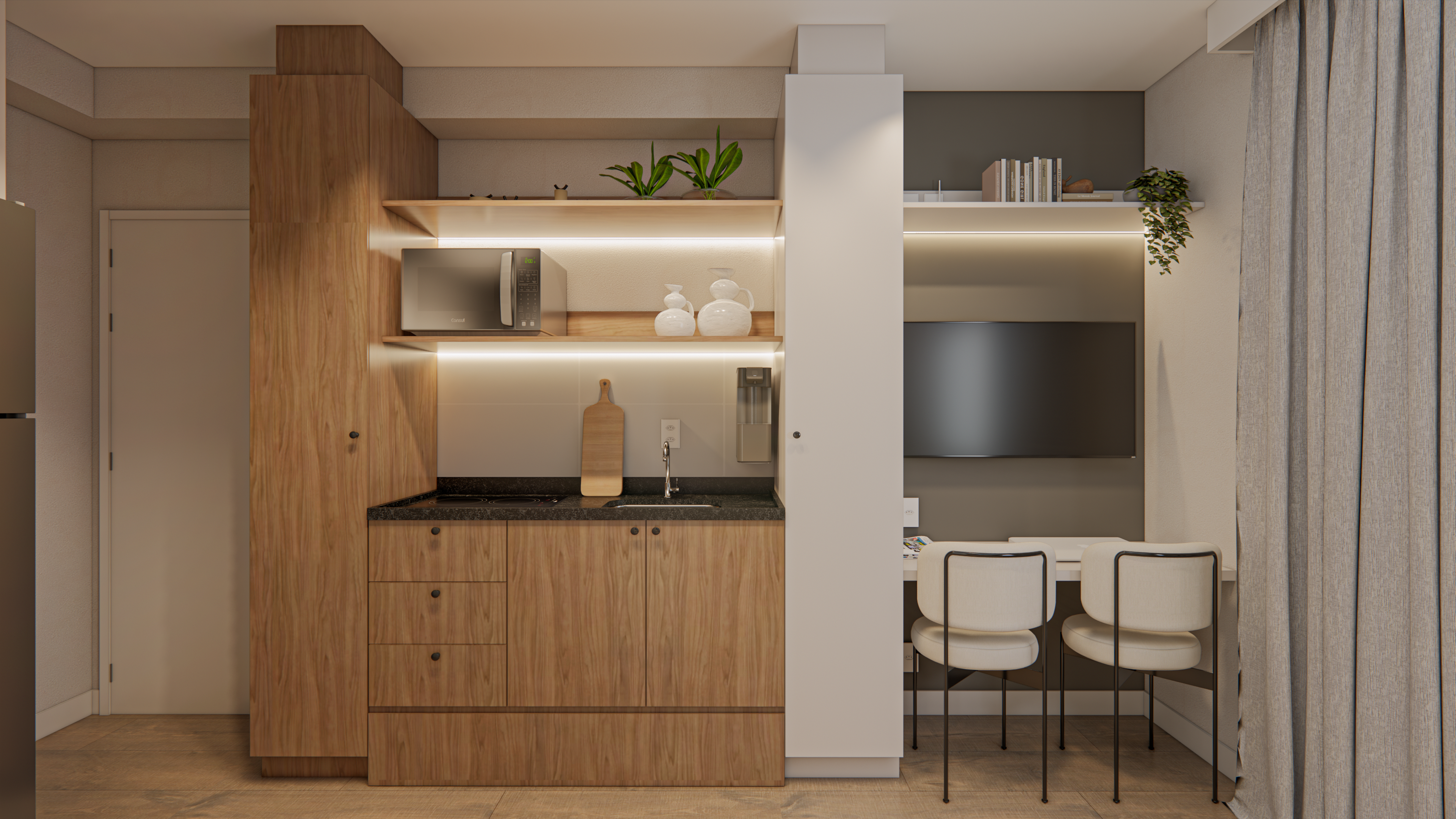 Imagem 3D do projeto de reforma de um studio de 19 m² no REM ID Alto da Vila Romana, em São Paulo, com cama, estar e bancada de trabalho no mesmo ambiente.