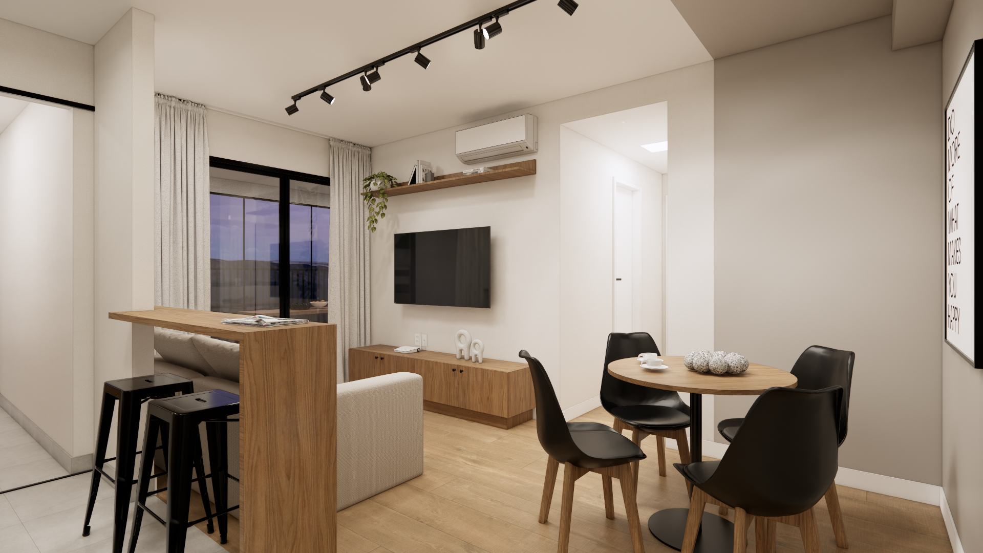 Projeto 3D de apartamento de 35 m² no High Line Tatuapé, reforma completa Bewild