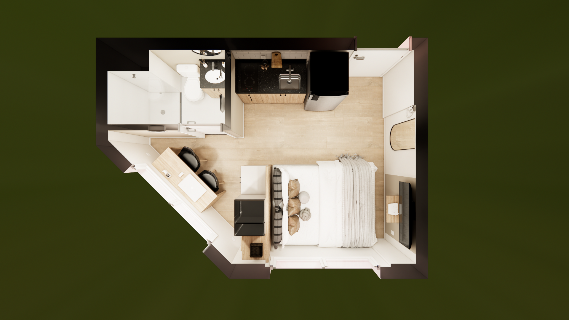 Imagem 3D do projeto de reforma de um studio de 17 m² no MetroCasa República, em São Paulo: marcenaria até o teto, cozinha linear e cama integrada ao estar.