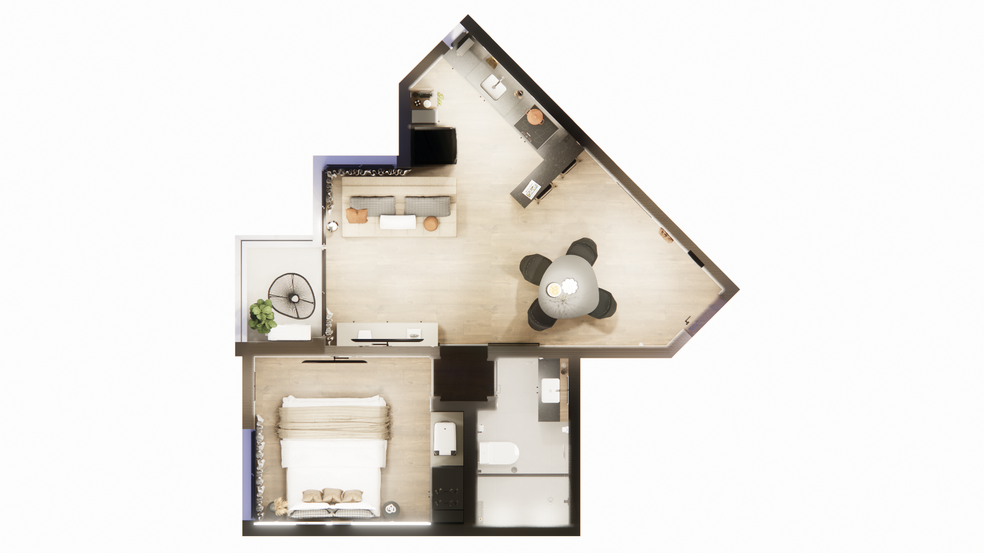 Imagem 3D do projeto de reforma de apartamento de 44,6 m² no Edifício Fortune Residence, Cerqueira César, São Paulo: sala integrada com cozinha e marcenaria sob medida.