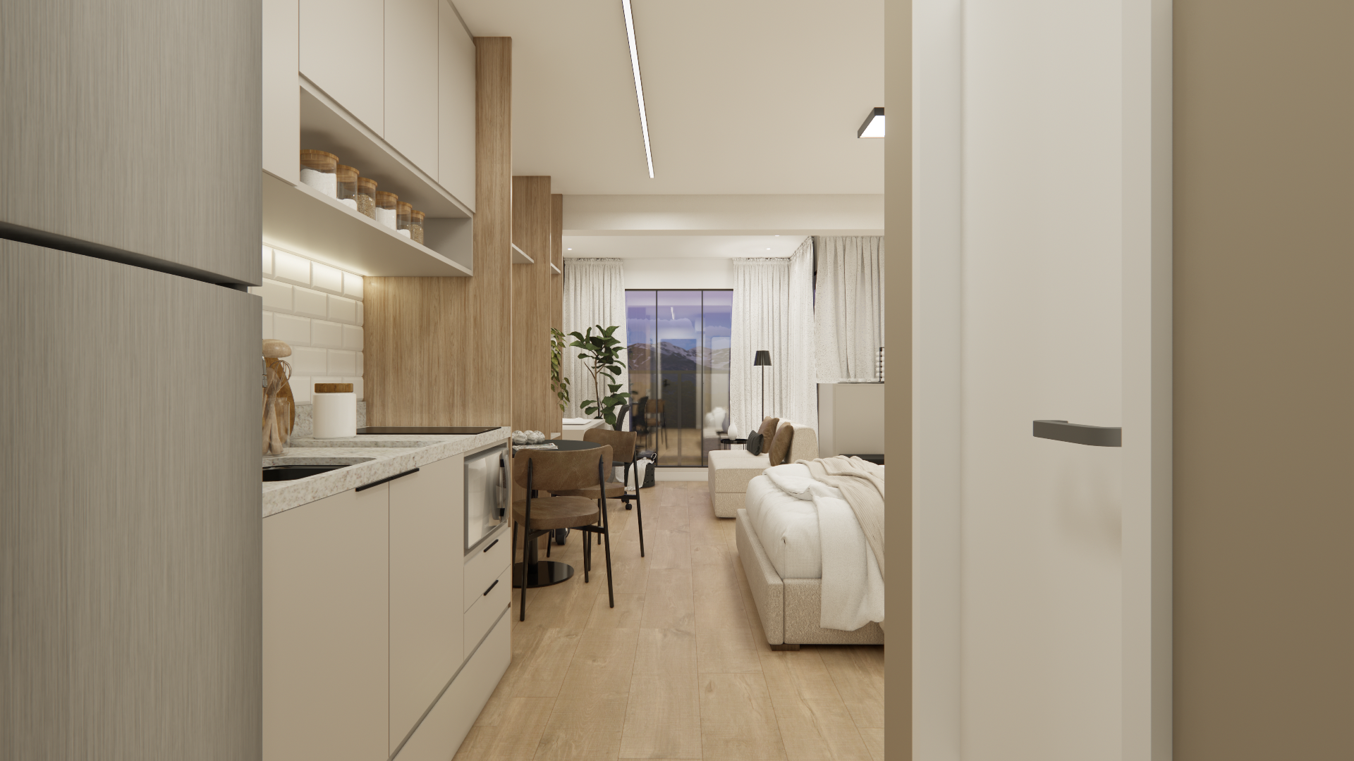 Projeto 3D de apartamento de 32 m² no Aria Higienópolis, reforma completa Bewild