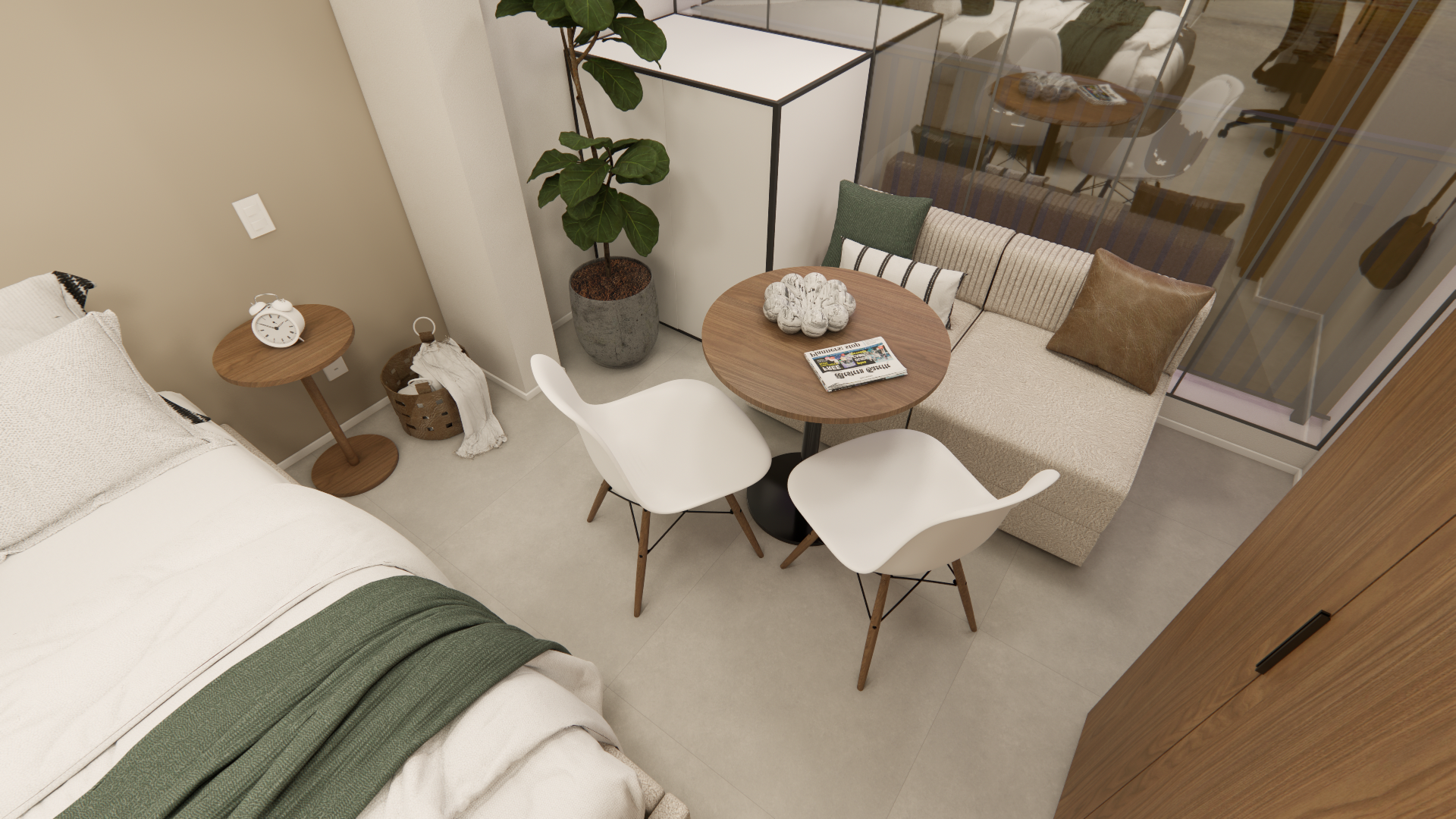 Imagem 3D do projeto executivo de reforma de um studio de 21,59 m² no Infinity Brooklin, em São Paulo.
