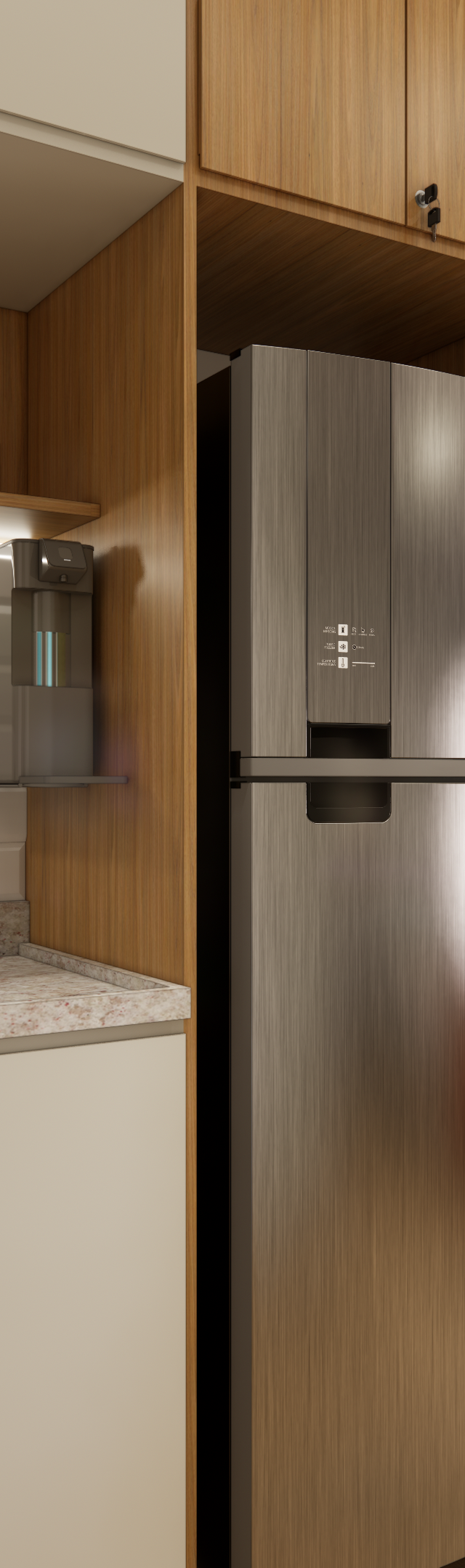 Render 3D de cozinha compacta e sala com marcenaria em tons de madeira e off-white, azulejos metrô brancos e luz indireta