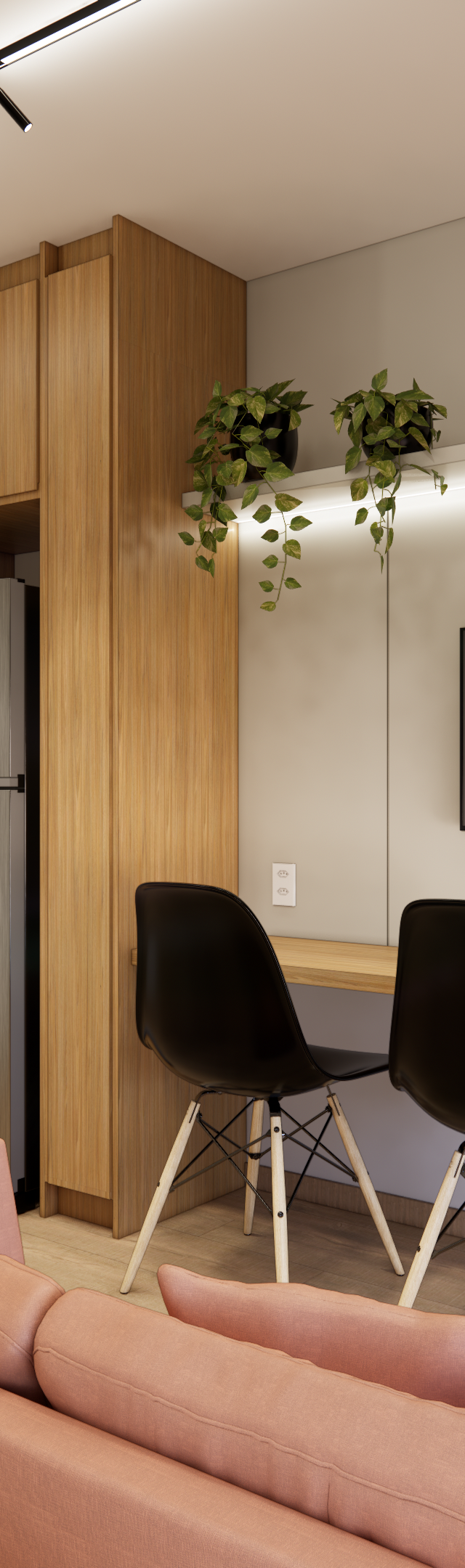 Render 3D de estúdio com marcenaria em madeira e cinza, bancada com cadeiras pretas, sofá rosa e iluminação em LED indireta
