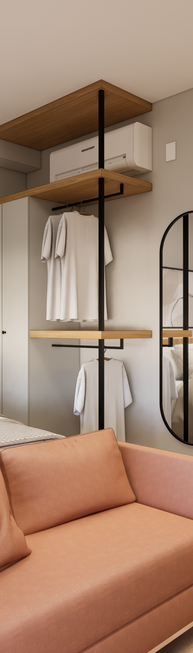 Render 3D de quarto no Modern Campo Belo com cama, sofá rosado, marcenaria em madeira e piso claro em tons neutros