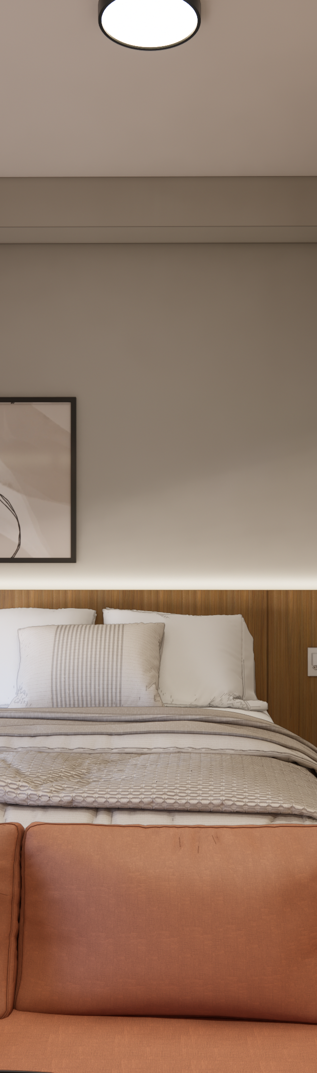 Render 3D de quarto no Modern Campo Belo com cama, marcenaria em madeira, sofá terracota e espelho oval orgânico