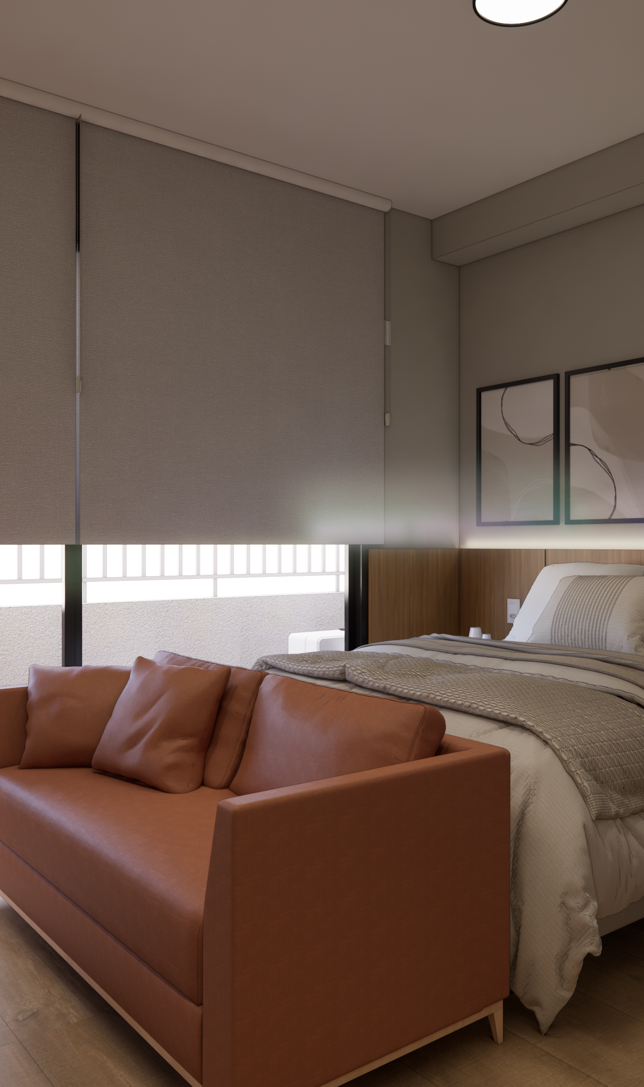 Render 3D de dormitório Modern Campo Belo com sofá de couro caramelo, cama, marcenaria em madeira e iluminação indireta