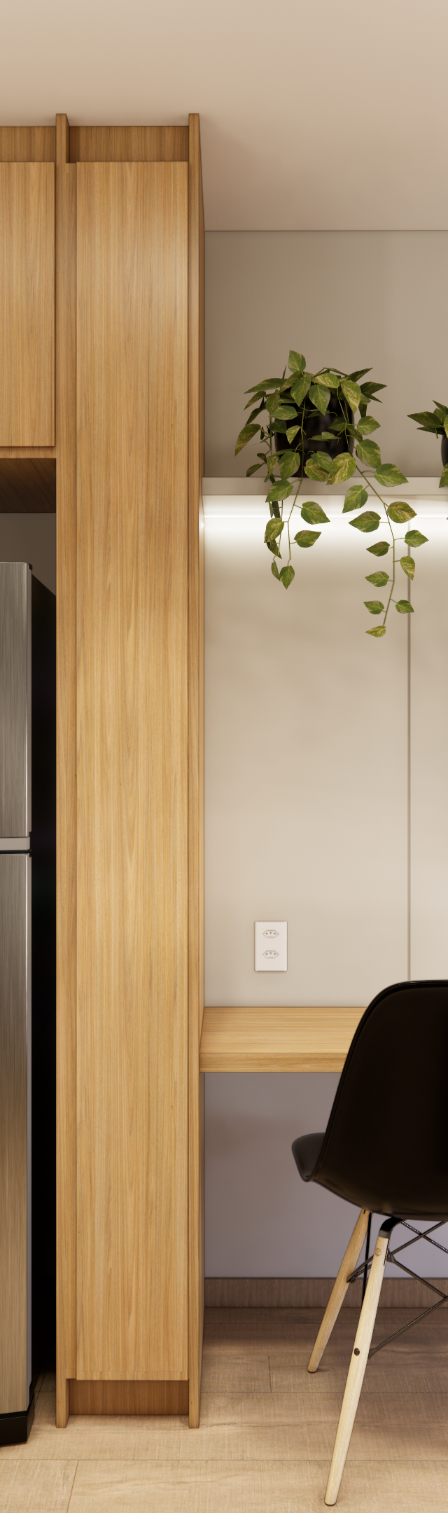 Render 3D de cozinha e sala integradas, marcenaria em tons claros e madeira, geladeira inox, bancada com cadeiras pretas