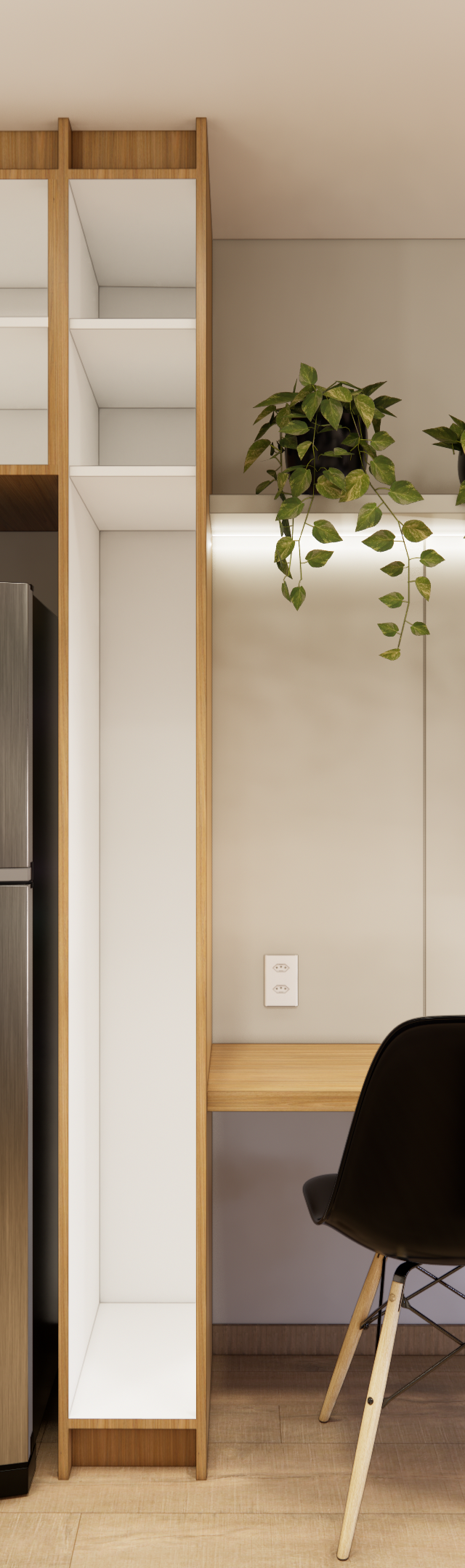 Render 3D de cozinha compacta com marcenaria branca e madeira, eletrodomésticos em aço inox, TV e bancada com cadeiras pretas