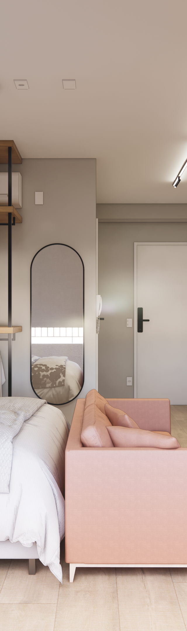 Render 3D de estúdio no Modern Campo Belo com cama, sofá rosa, marcenaria em madeira e tons neutros, iluminação indireta