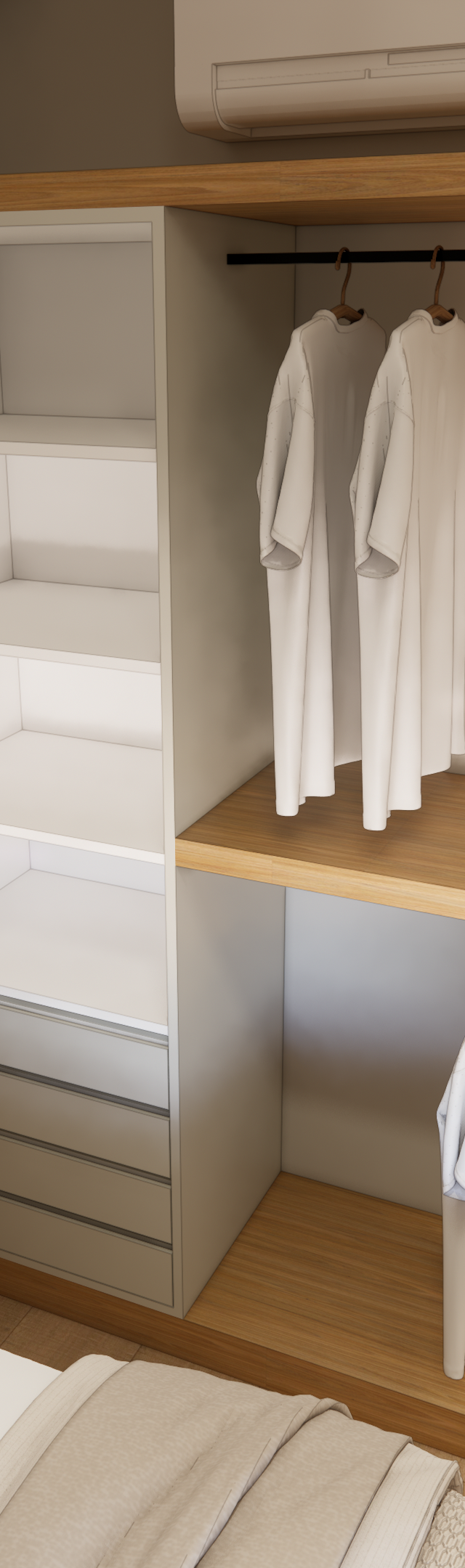 Render 3D de quarto no Modern Campo Belo com marcenaria em madeira e branco, closet aberto, espelho oval e iluminação led