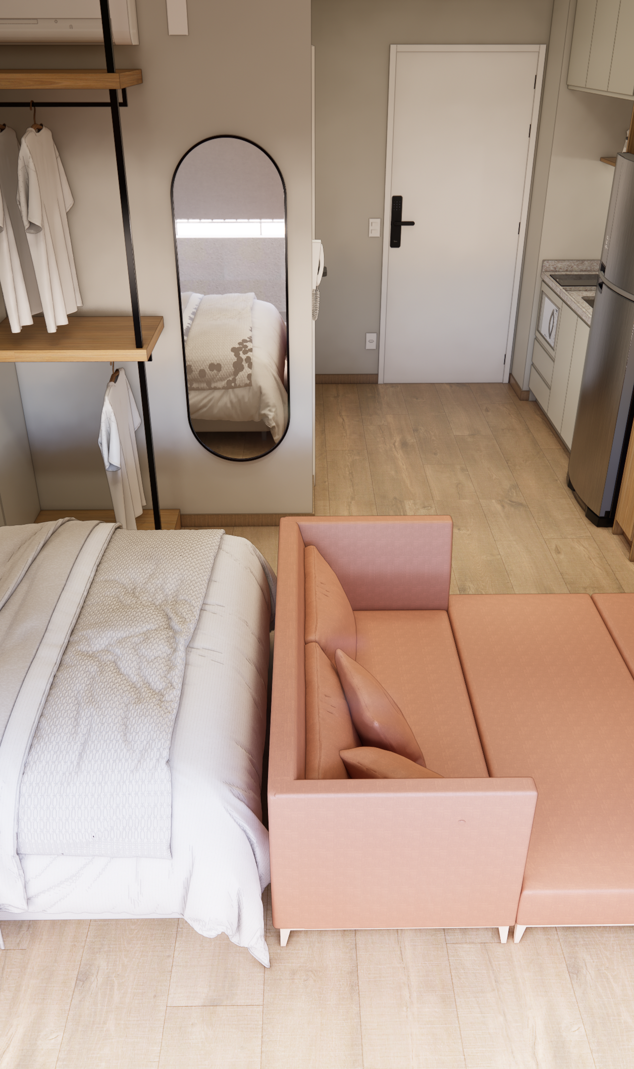 Render 3D de estúdio no Campo Belo com cama, sofá-cama salmão, marcenaria em madeira clara, piso amadeirado e luz indireta