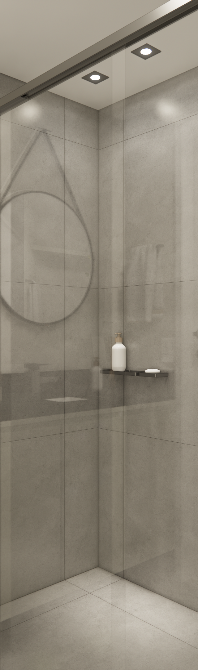 Render 3D de banheiro moderno no Campo Belo com marcenaria bege, bancada preta, espelho redondo e box de vidro com porcelanato