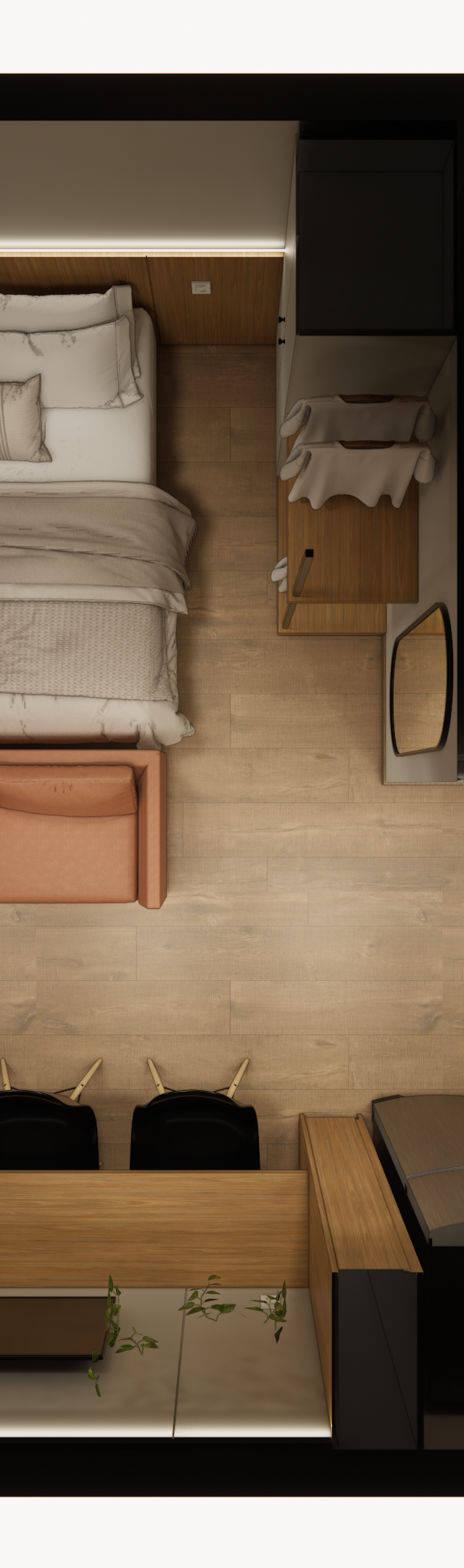 Planta baixa 3D de studio com cama, sofá, marcenaria em tons amadeirados, cozinha compacta e banheiro com piso de madeira
