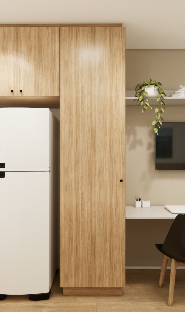 Render 3D de cozinha e home office em estúdio de 23m², marcenaria em madeira e tons neutros, bancada e eletrodomésticos
