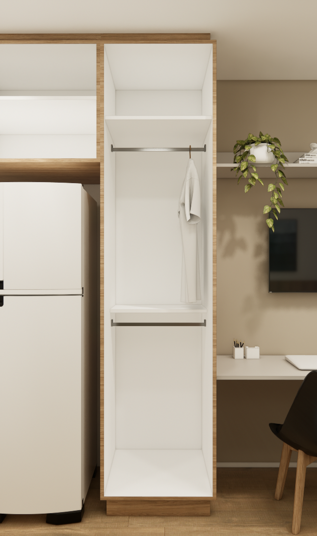 Render 3D de estúdio de 23m² com marcenaria em madeira e branco, cozinha compacta, geladeira, guarda-roupa e bancada de estudo
