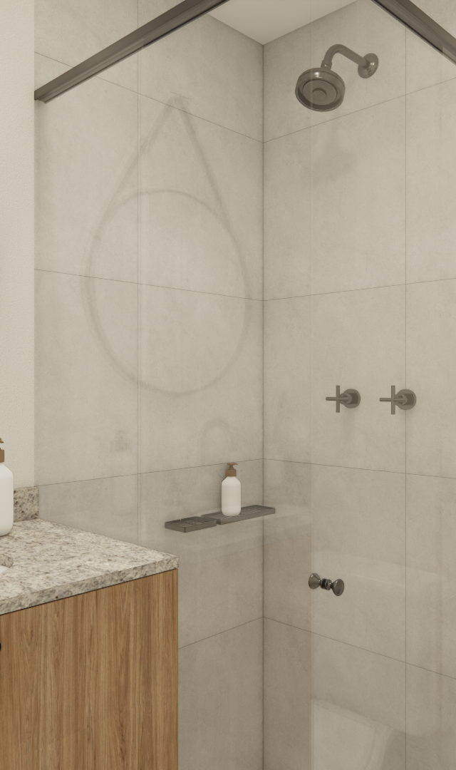 Render 3D de banheiro compacto no Península Vila Madalena com marcenaria em madeira, bancada em granito e espelho circular