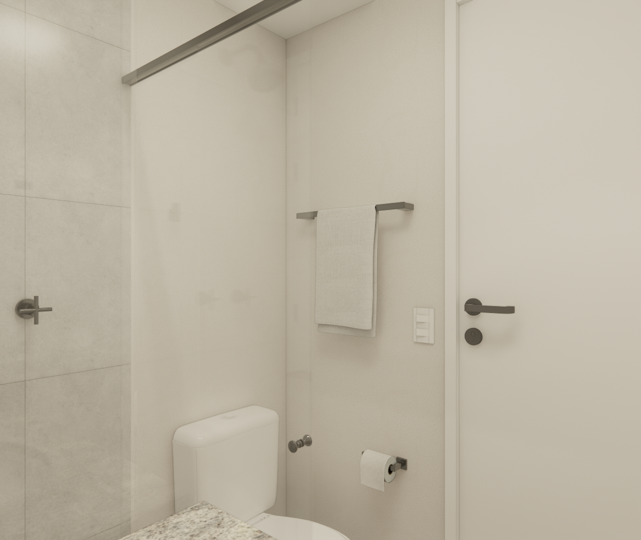 Render 3D de banheiro compacto no Península Vila Madalena com tons claros, metais escuros, pia em pedra e porta branca
