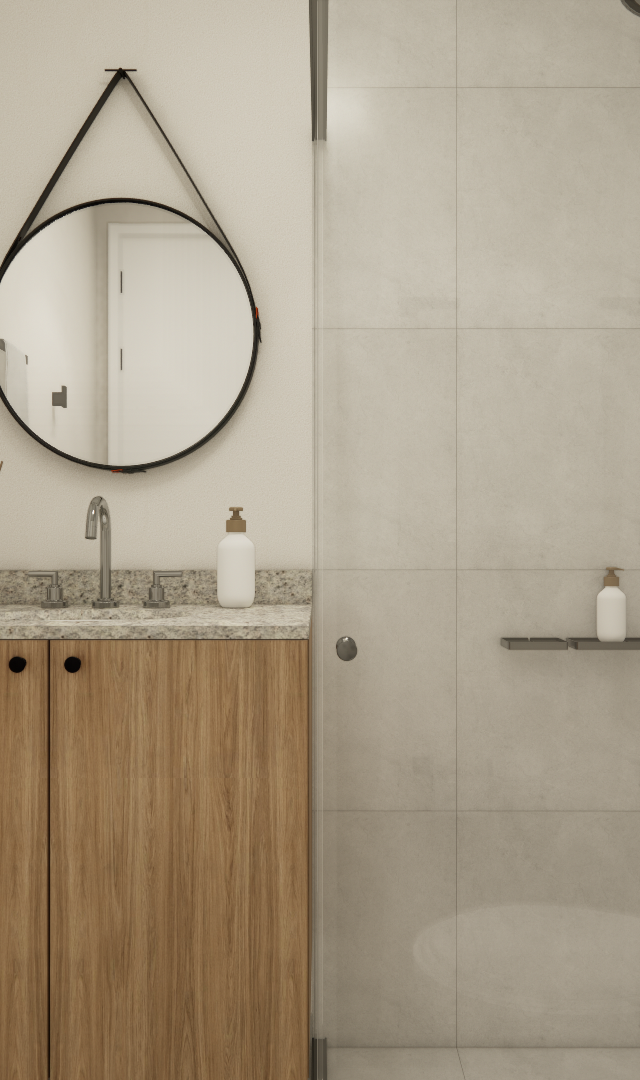 Render 3D de banheiro compacto com marcenaria em madeira, bancada em granito, espelho redondo e tons neutros e claros