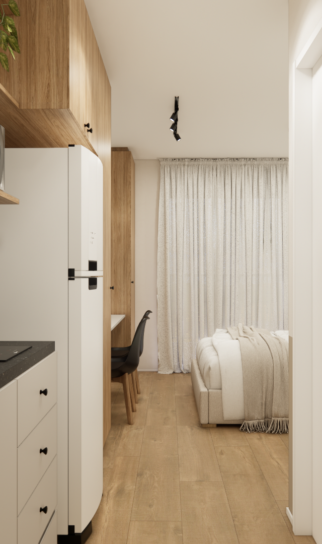 Render 3D de apartamento compacto com cozinha linear, marcenaria em madeira e tons neutros, integrada ao dormitório