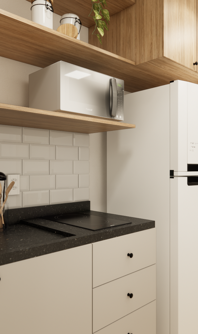 Render 3D de cozinha compacta com marcenaria em madeira e bege, bancada preta, azulejos metrô brancos e geladeira branca