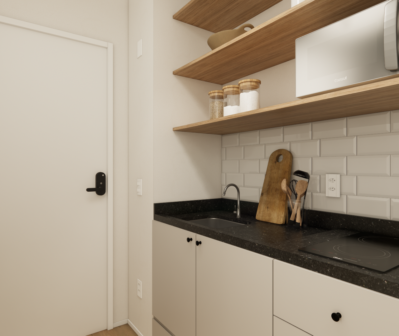 Render 3D de cozinha compacta com marcenaria bege, bancada preta, prateleiras em madeira e azulejos brancos tipo metrô