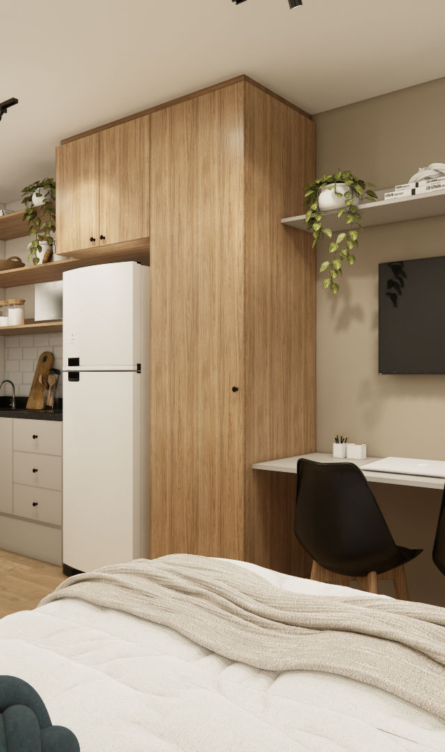 Render 3D de estúdio compacto em tons neutros com marcenaria em madeira clara, cozinha integrada, bancada e espelho longo