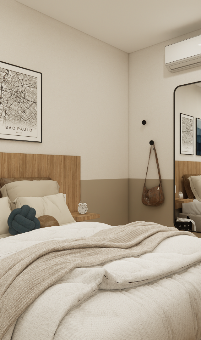 Render 3D de quarto compacto em tons neutros com cabeceira de madeira, espelho de corpo inteiro e quadros na parede
