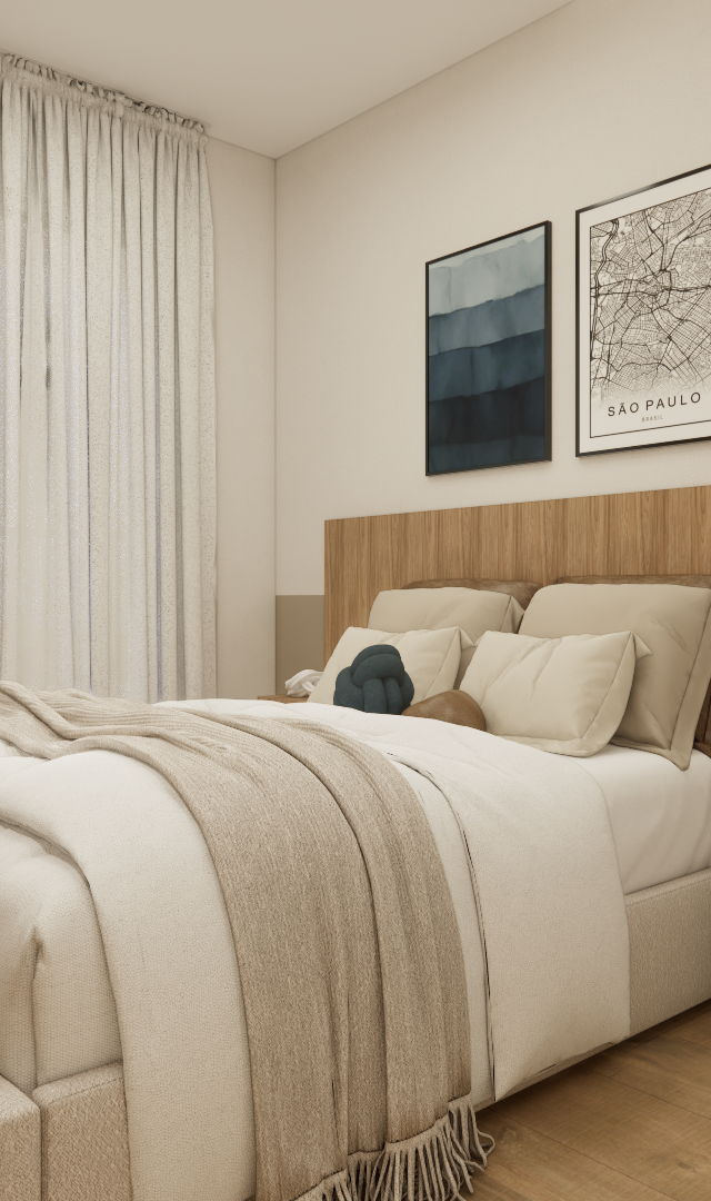 Render 3D de quarto pequeno com cama de casal, cabeceira em madeira, parede em tons neutros, cortinas e piso amadeirado