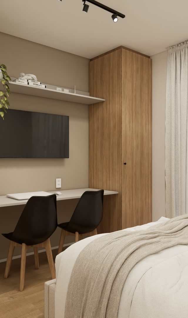 Render 3D de quarto compacto em tons bege e madeira com marcenaria, mesa de estudo, duas cadeiras pretas e cama de casal