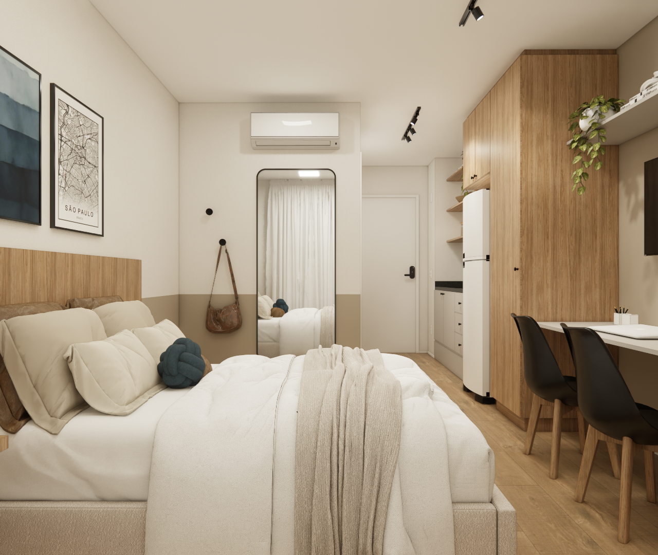 Render 3D de estúdio em Vila Madalena com marcenaria em madeira, tons neutros, cama, bancada de trabalho e iluminação spot
