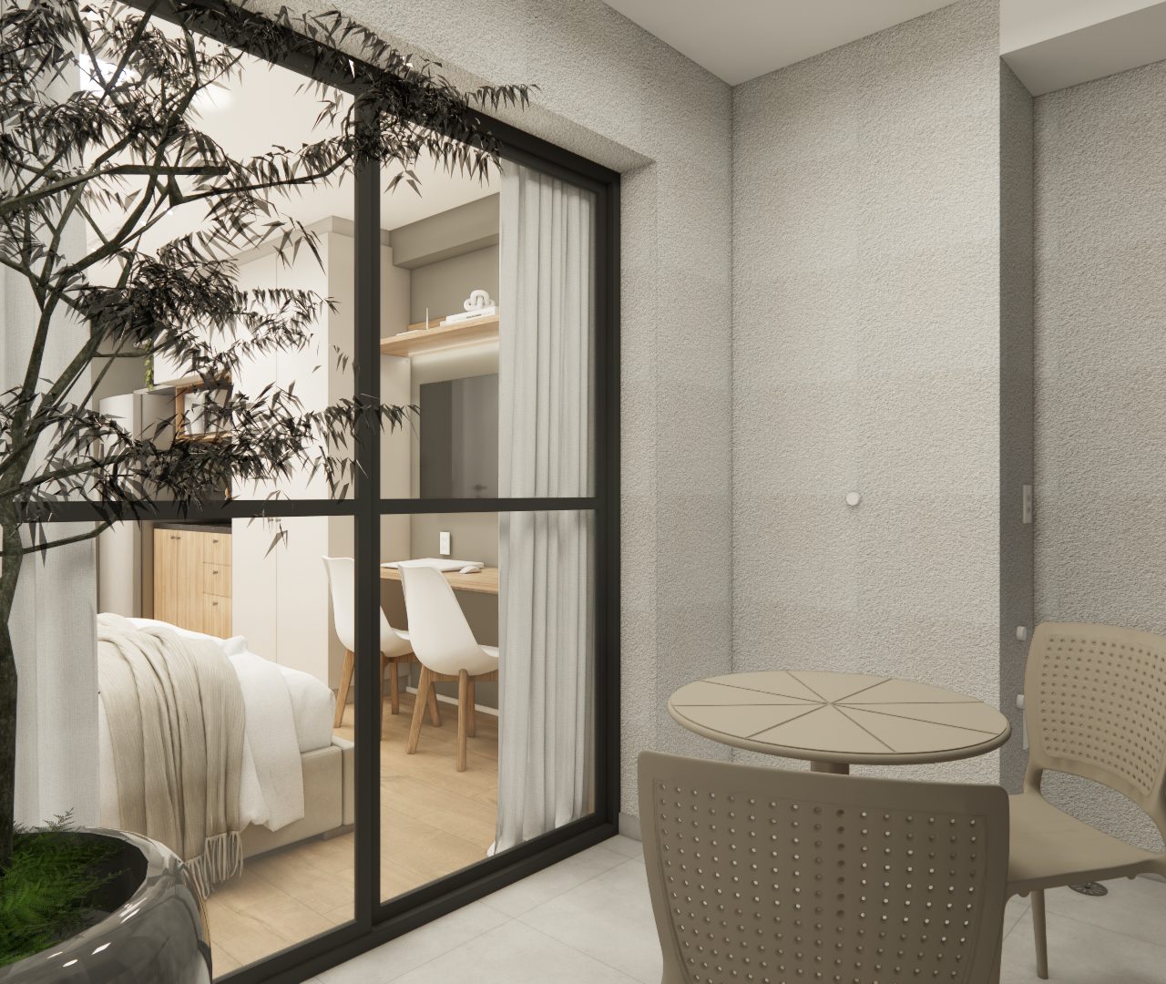 Render 3D de varanda com mesa e cadeiras bege, planta ornamental e vista para interior de apartamento compacto em Moema