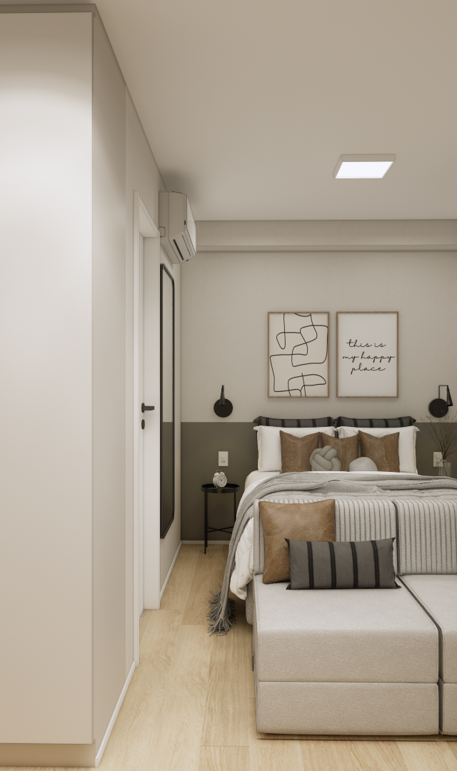 Render 3D de quarto moderno em tons neutros com armário branco, cama com enxoval em bege e marrom, piso de madeira e cortina