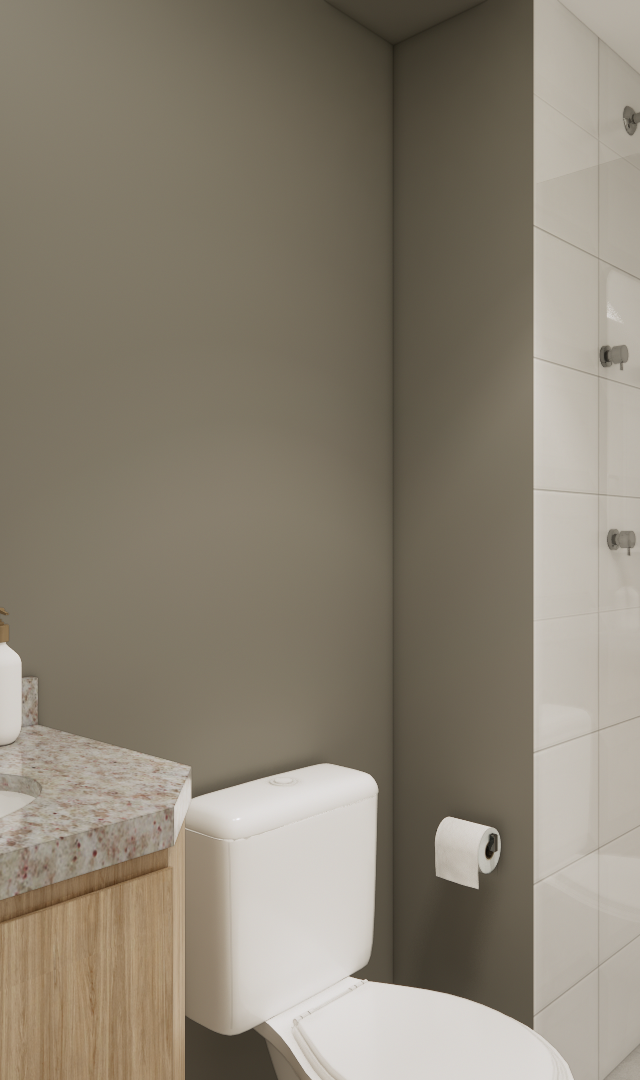 Render 3D de banheiro com bancada de granito, gabinete em madeira, paredes cinzas e box com revestimento branco brilhante