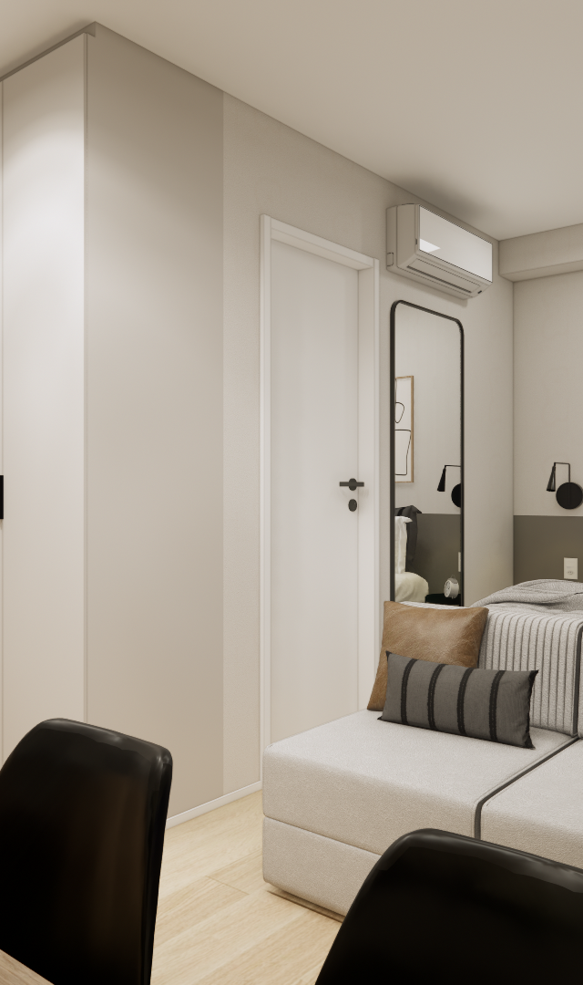 Render 3D de estúdio em Campo Belo com cozinha integrada, cama com enxoval em tons terrosos, marcenaria clara e piso amadeirado