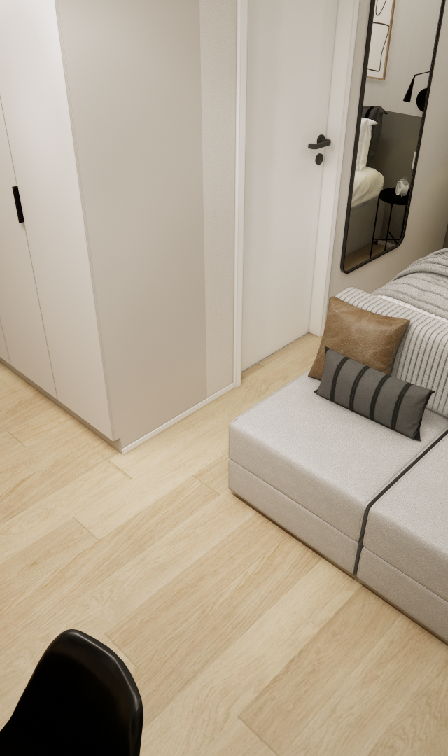 Render 3D de estúdio com piso de madeira, cozinha compacta, armários brancos e cama com enxoval em tons de bege e verde