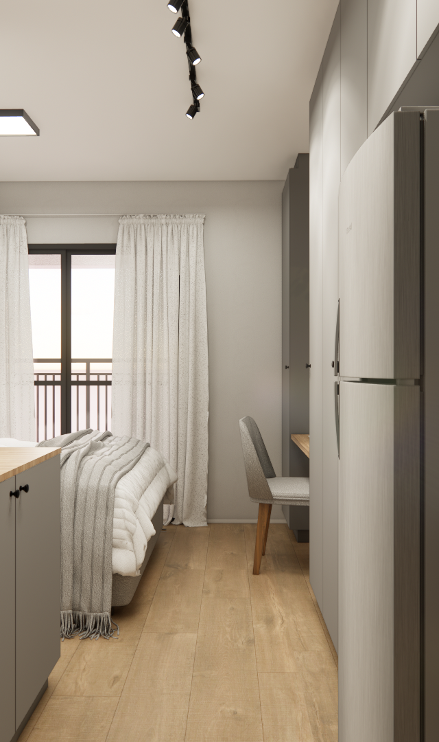 Render 3D de estúdio compacto com cozinha linear, móveis cinzas e amadeirados, bancada em granito e dormitório integrado