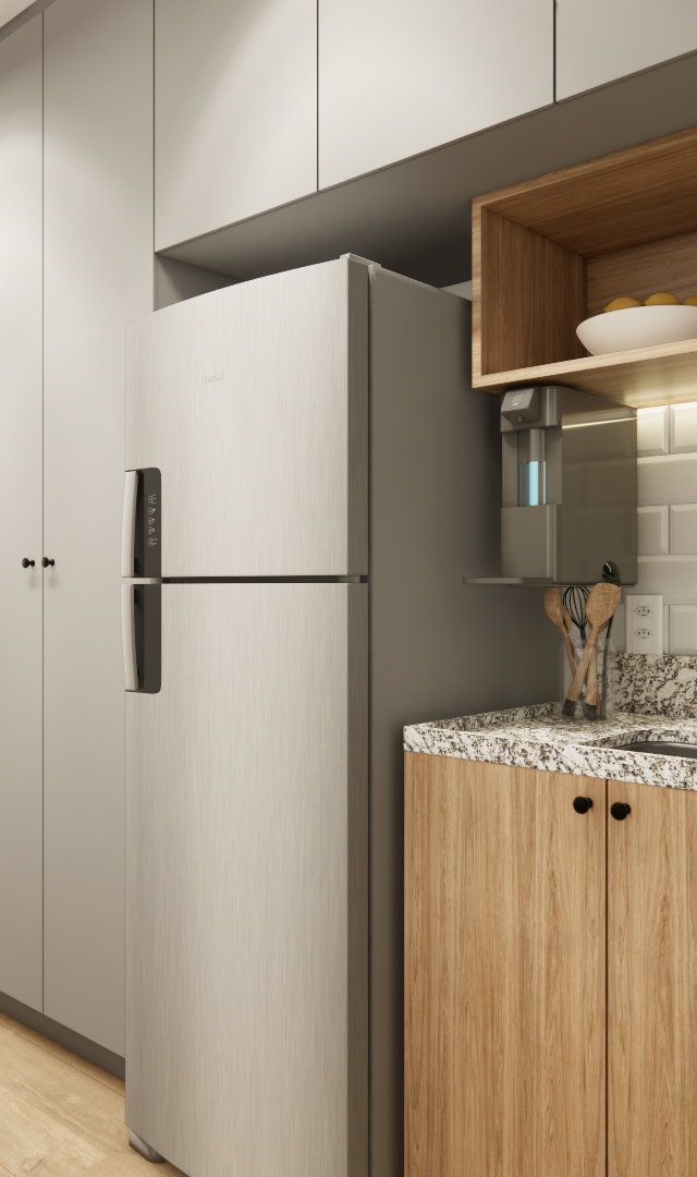 Render 3D de cozinha compacta com marcenaria em madeira e cinza, bancada em granito, azulejos brancos e luz indireta