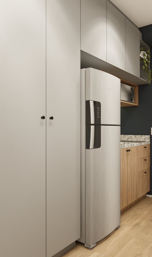 Render 3D de cozinha compacta com marcenaria cinza e amadeirada, geladeira inox, parede cinza escuro e iluminação neutra