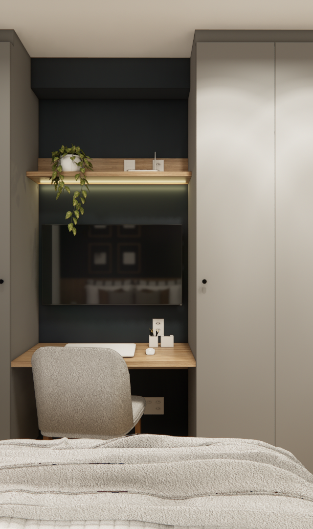 Render 3D de quarto pequeno com armários cinzas, mesa de trabalho em madeira, TV, iluminação em LED e geladeira à direita