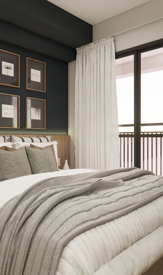 Render 3D de quarto com parede preta, painel de madeira, cama de casal, mesa de cabeceira cinza e cortinas brancas