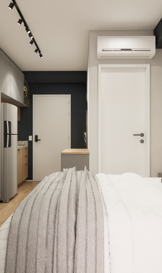 Render 3D de estúdio de 23m² com marcenaria cinza, parede grafite, cama casal, bancada de trabalho e tons neutros e madeira