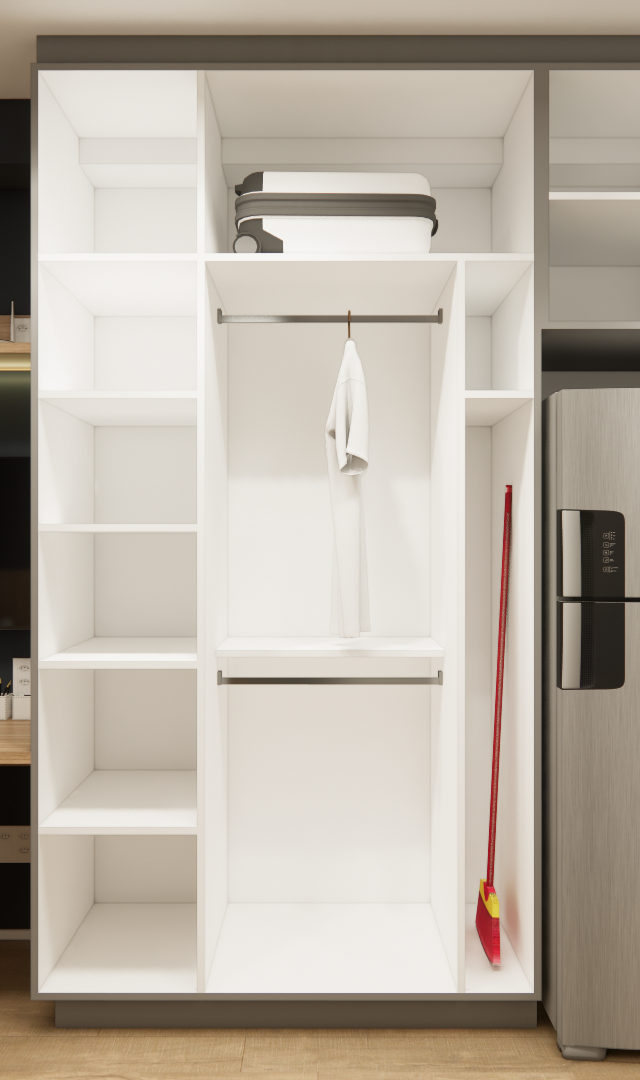 Render de estúdio 23m² com marcenaria branca e amadeirada, bancada de trabalho, guarda-roupa aberto e cozinha compacta